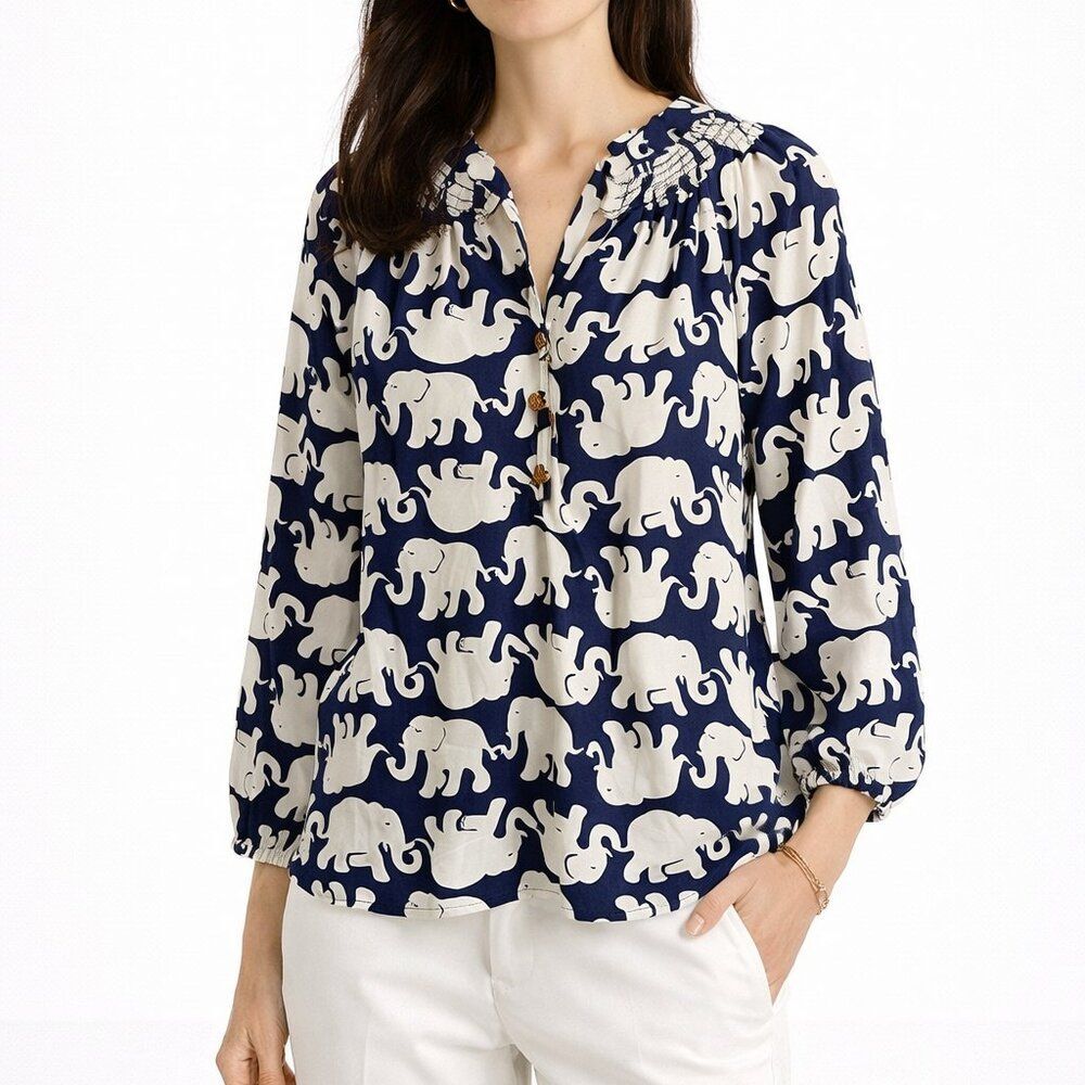 Lilly Pulitzer Elsa Top Elephant Navy Blue White Silk Long Sleeve Size XS